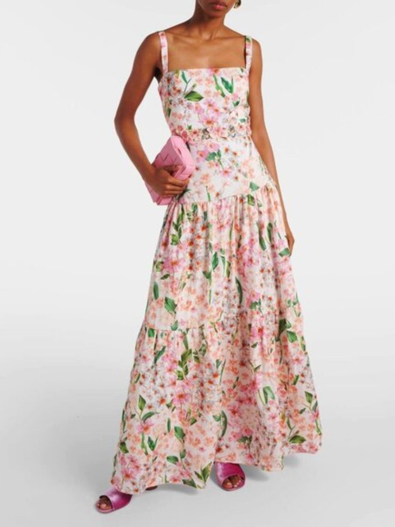 Agua By Agua Bendita Lima Jardiniera' Floral-Print Linen Maxi Dress